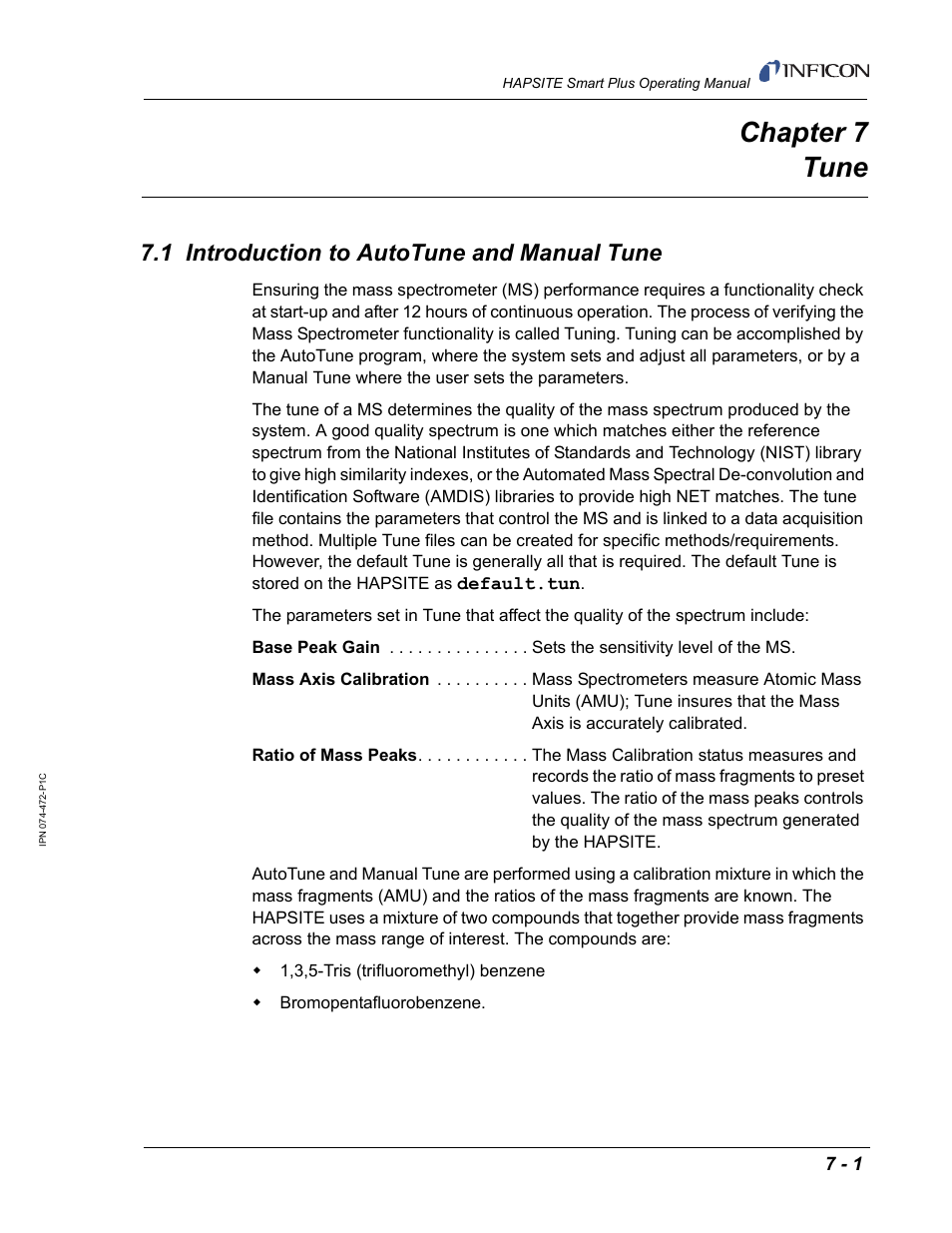 Chapter 7 tune, 1 introduction to autotune and manual tune, Chapter 7 | INFICON HAPSITE Smart Plus Chemical Identification System User Manual | Page 243 / 586