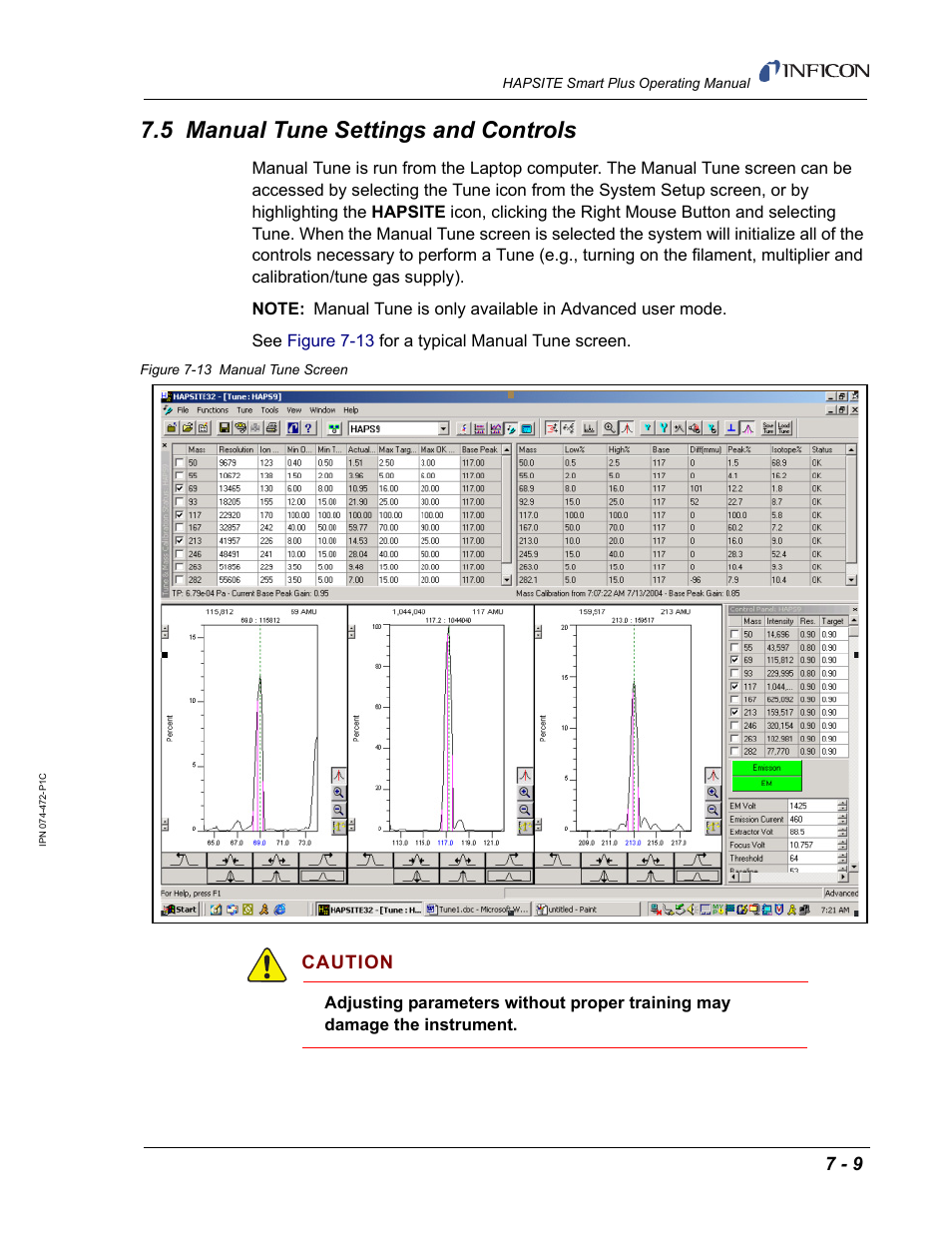 5 manual tune settings and controls, Caution | INFICON HAPSITE Smart Plus Chemical Identification System User Manual | Page 251 / 586