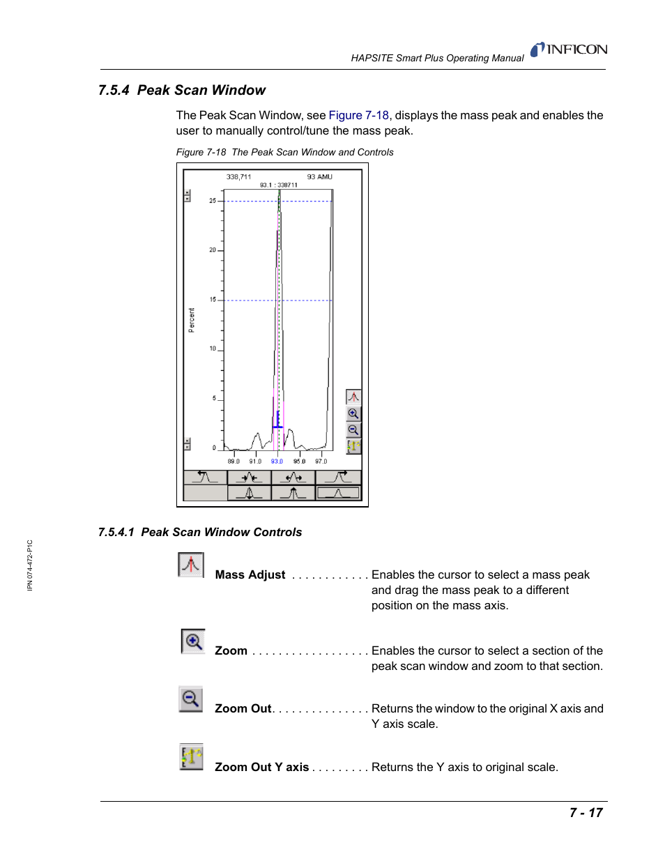 4 peak scan window, 1 peak scan window controls | INFICON HAPSITE Smart Plus Chemical Identification System User Manual | Page 259 / 586