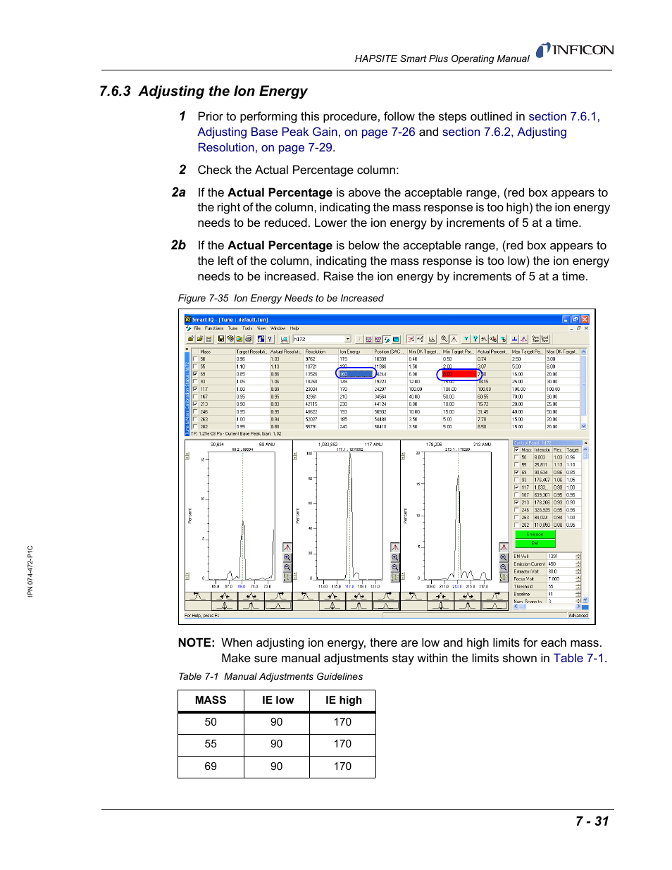 3 adjusting the ion energy, Section 7.6.3, adjusting the ion, Section 7.6.3 | INFICON HAPSITE Smart Plus Chemical Identification System User Manual | Page 273 / 586