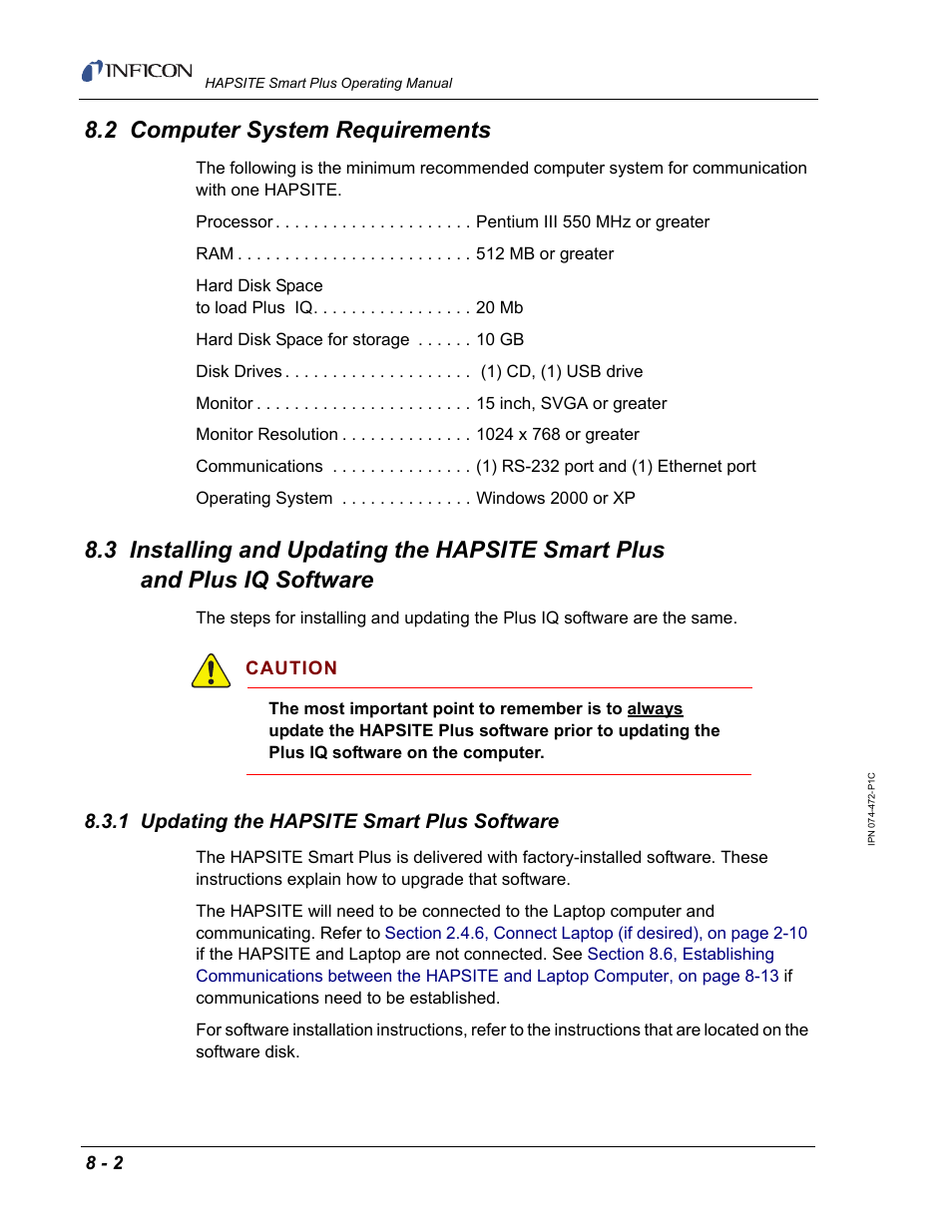 2 computer system requirements, 1 updating the hapsite smart plus software | INFICON HAPSITE Smart Plus Chemical Identification System User Manual | Page 278 / 586