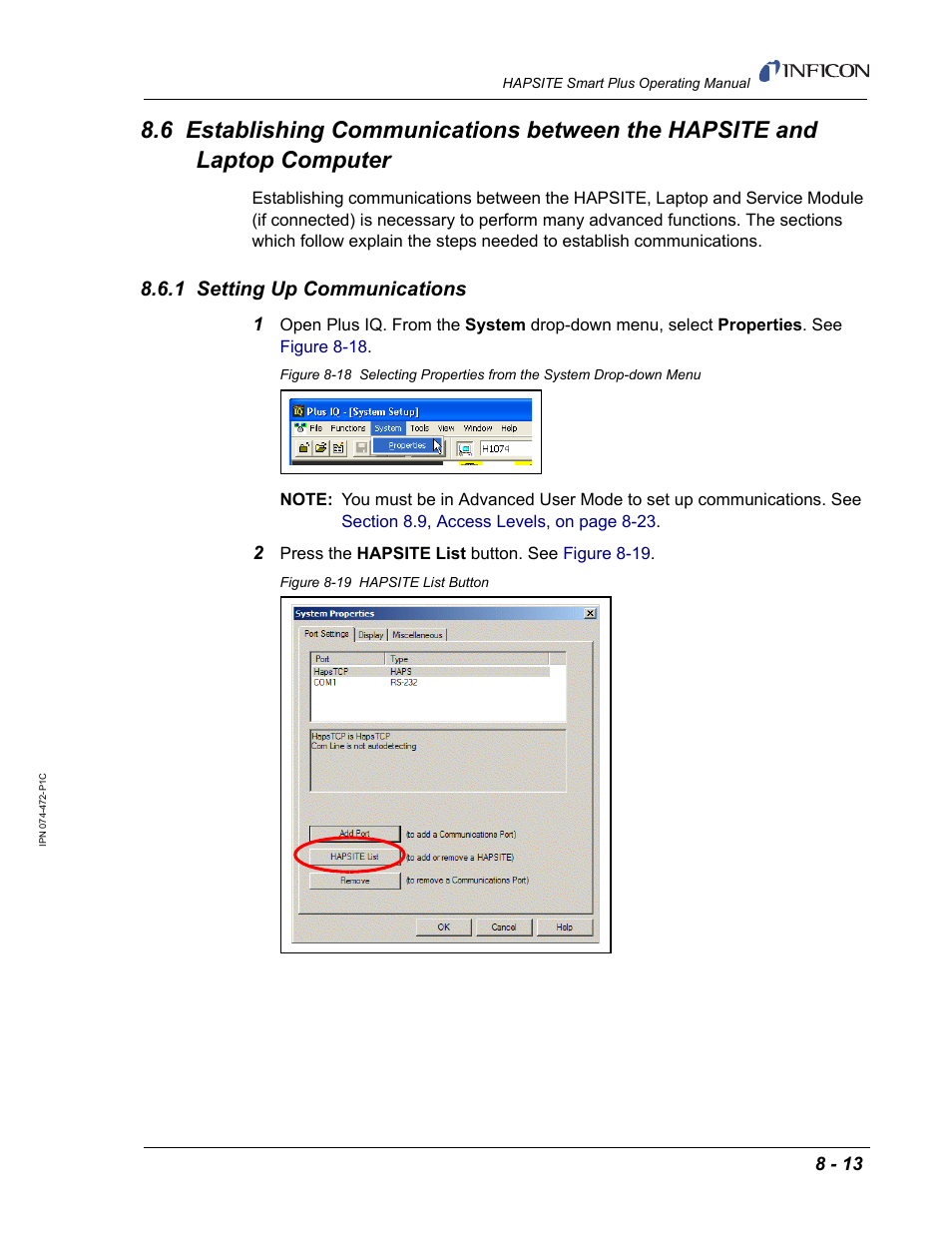 1 setting up communications, Dress. see, For instructions | For instru, Section 8.6, establishing | INFICON HAPSITE Smart Plus Chemical Identification System User Manual | Page 289 / 586