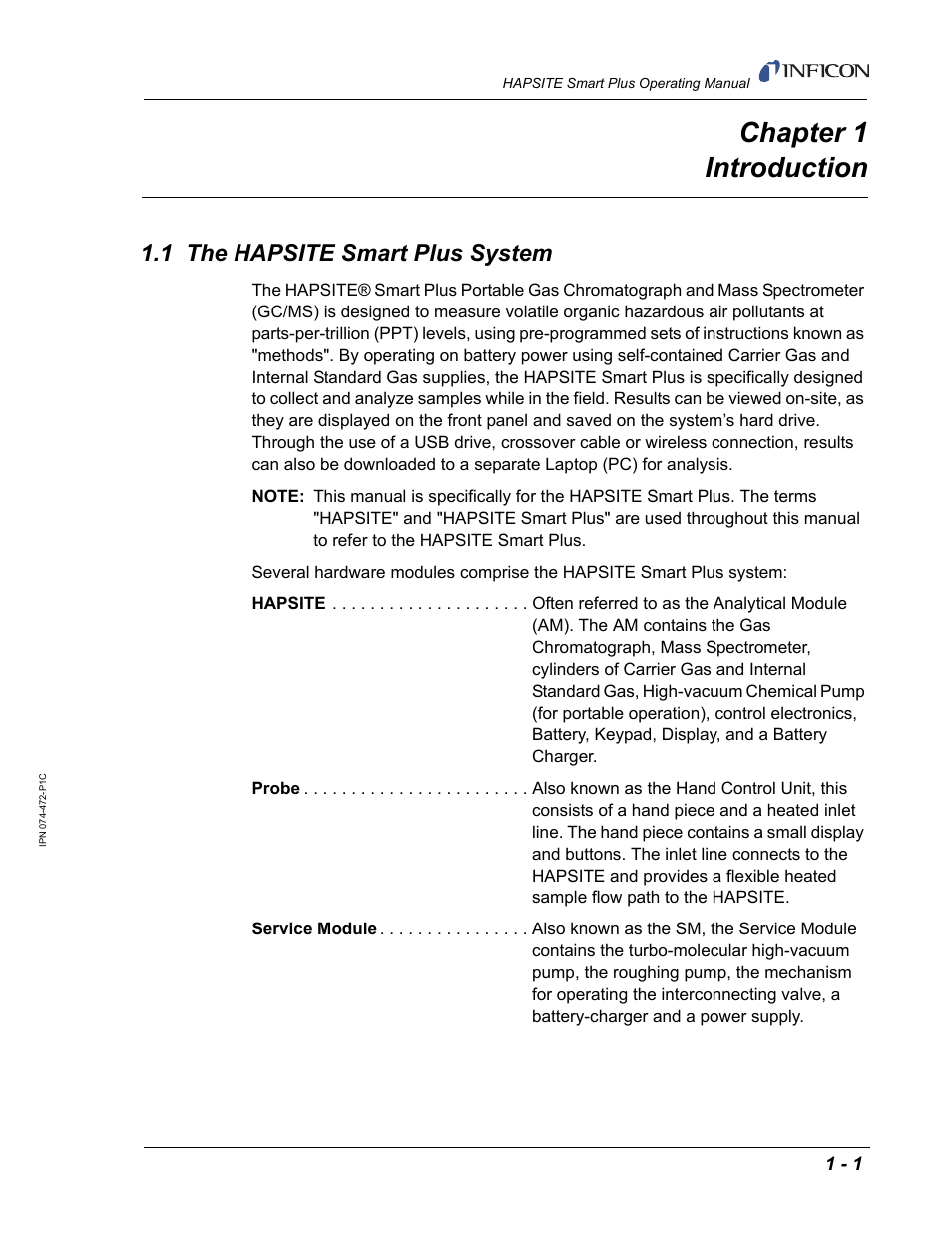 Chapter 1 introduction, 1 the hapsite smart plus system, Chapter 1 | INFICON HAPSITE Smart Plus Chemical Identification System User Manual | Page 29 / 586