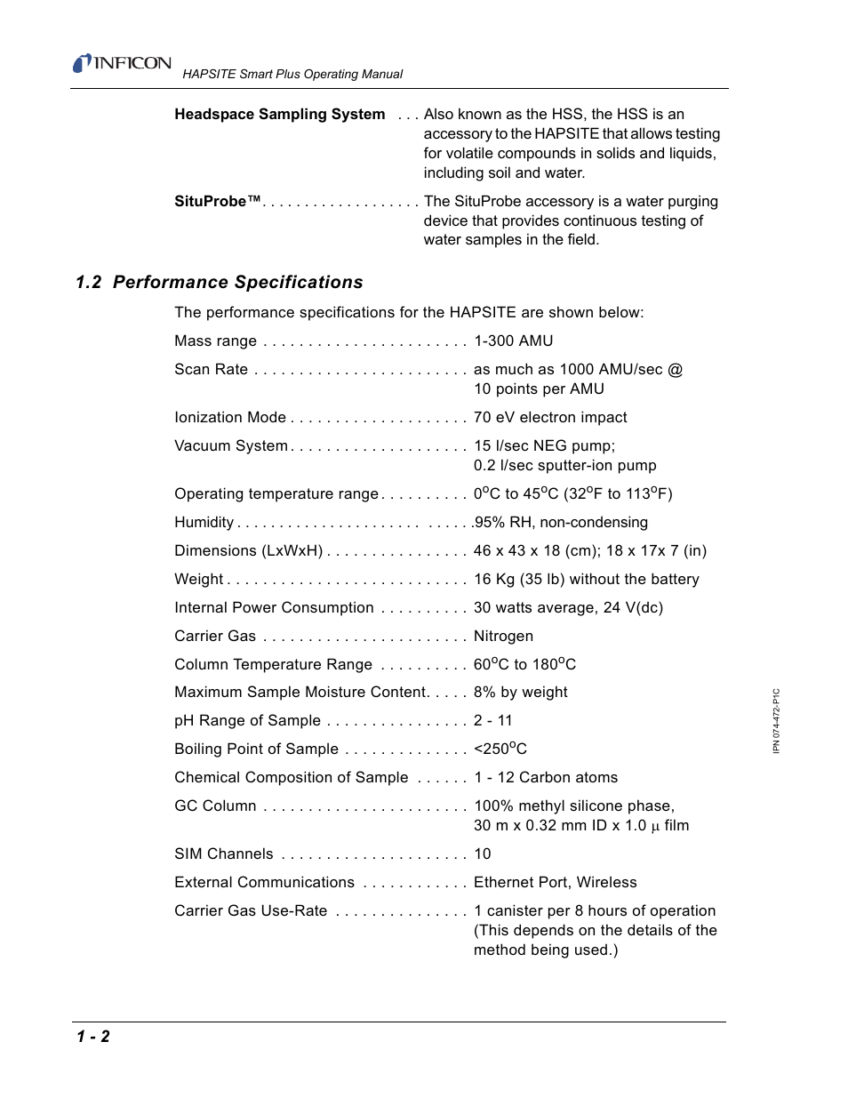 2 performance specifications | INFICON HAPSITE Smart Plus Chemical Identification System User Manual | Page 30 / 586