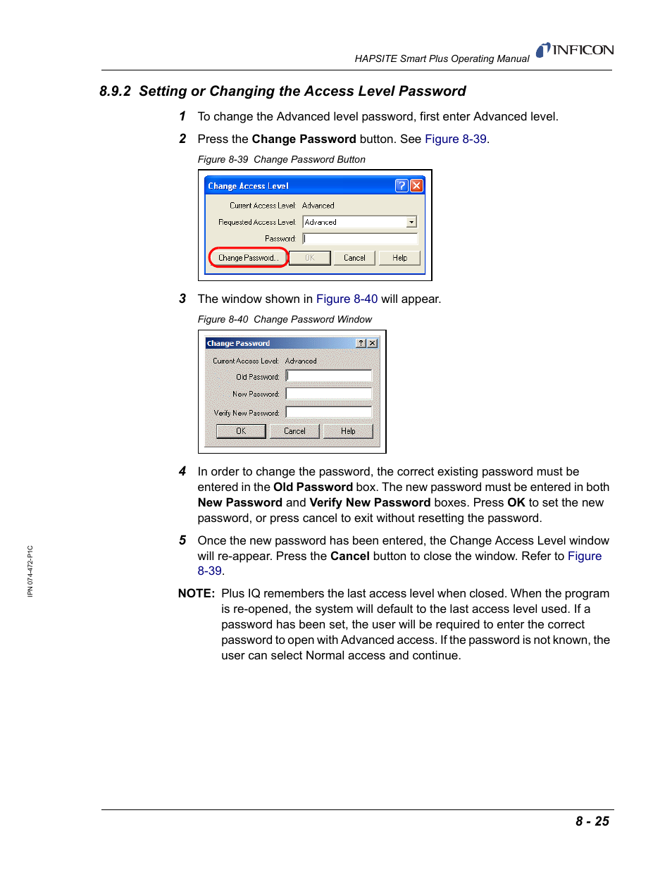 2 setting or changing the access level password | INFICON HAPSITE Smart Plus Chemical Identification System User Manual | Page 301 / 586