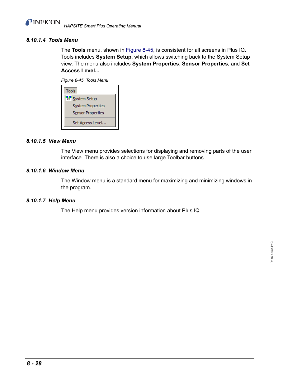 4 tools menu, 5 view menu, 6 window menu | 7 help menu | INFICON HAPSITE Smart Plus Chemical Identification System User Manual | Page 304 / 586