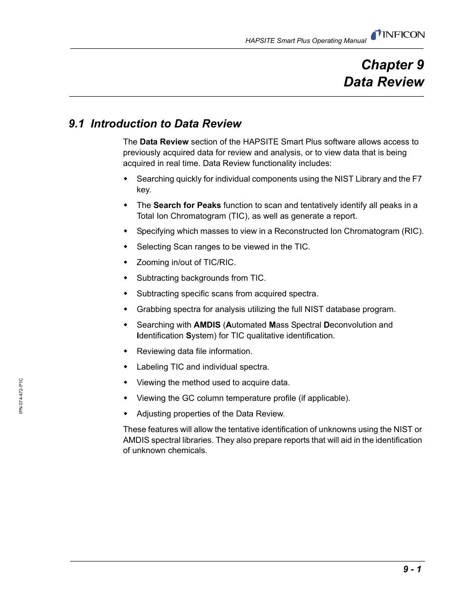 Chapter 9 data review, 1 introduction to data review, Chapter 9 | Chapter 9, data review, Data review | INFICON HAPSITE Smart Plus Chemical Identification System User Manual | Page 309 / 586