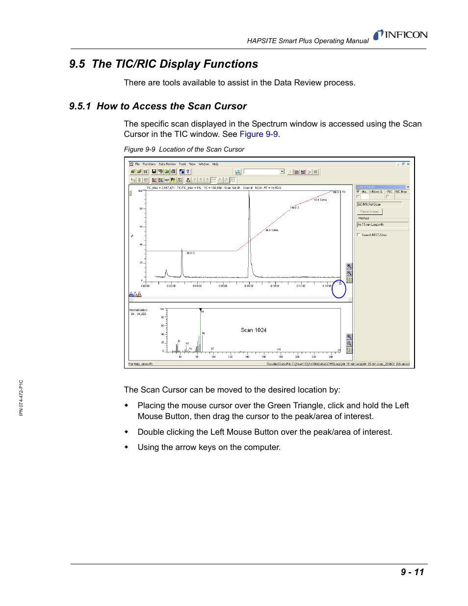 5 the tic/ric display functions, 1 how to access the scan cursor | INFICON HAPSITE Smart Plus Chemical Identification System User Manual | Page 319 / 586