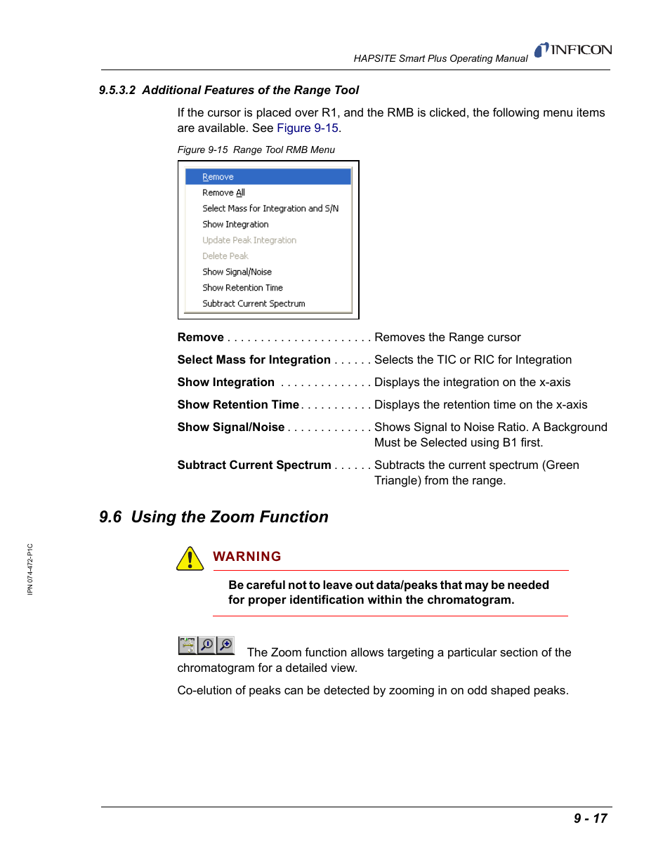2 additional features of the range tool, 6 using the zoom function | INFICON HAPSITE Smart Plus Chemical Identification System User Manual | Page 325 / 586