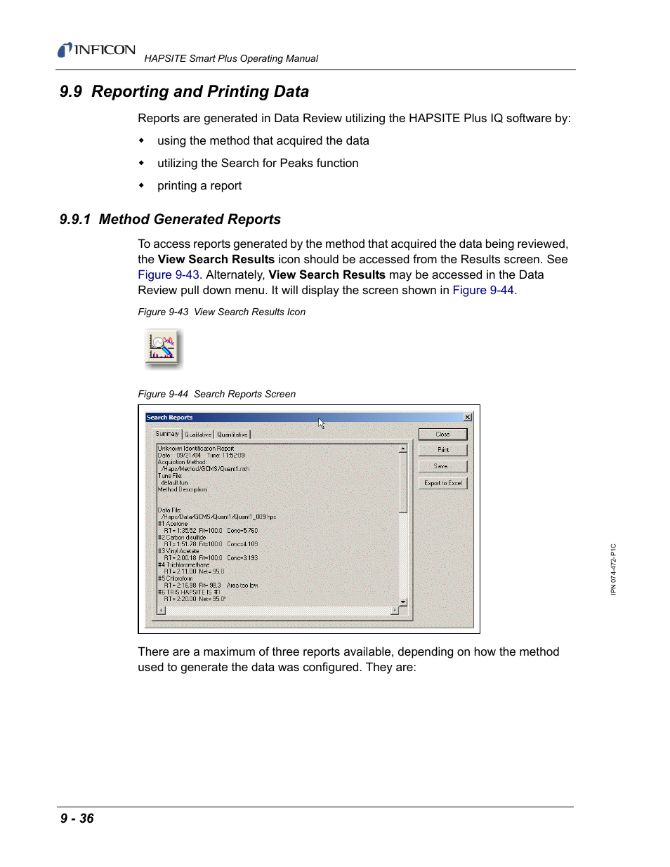9 reporting and printing data, 1 method generated reports | INFICON HAPSITE Smart Plus Chemical Identification System User Manual | Page 344 / 586