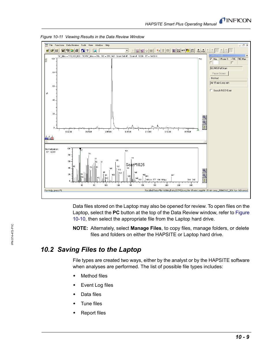 2 saving files to the laptop, Refer to, Section 10.2, saving files to the laptop, on | For more in | INFICON HAPSITE Smart Plus Chemical Identification System User Manual | Page 355 / 586