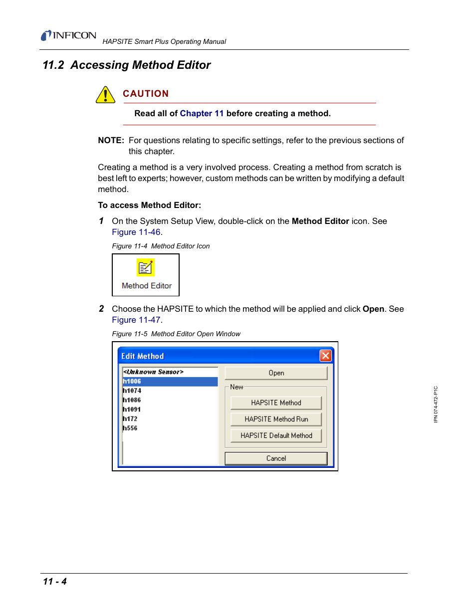 2 accessing method editor, Both, Section 11.2 | INFICON HAPSITE Smart Plus Chemical Identification System User Manual | Page 364 / 586