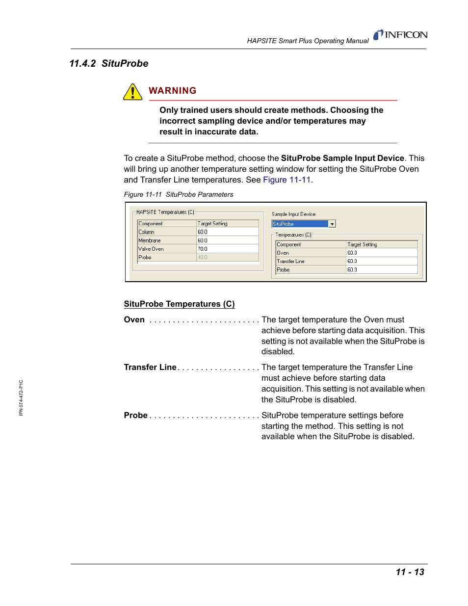 2 situprobe, Warning | INFICON HAPSITE Smart Plus Chemical Identification System User Manual | Page 373 / 586