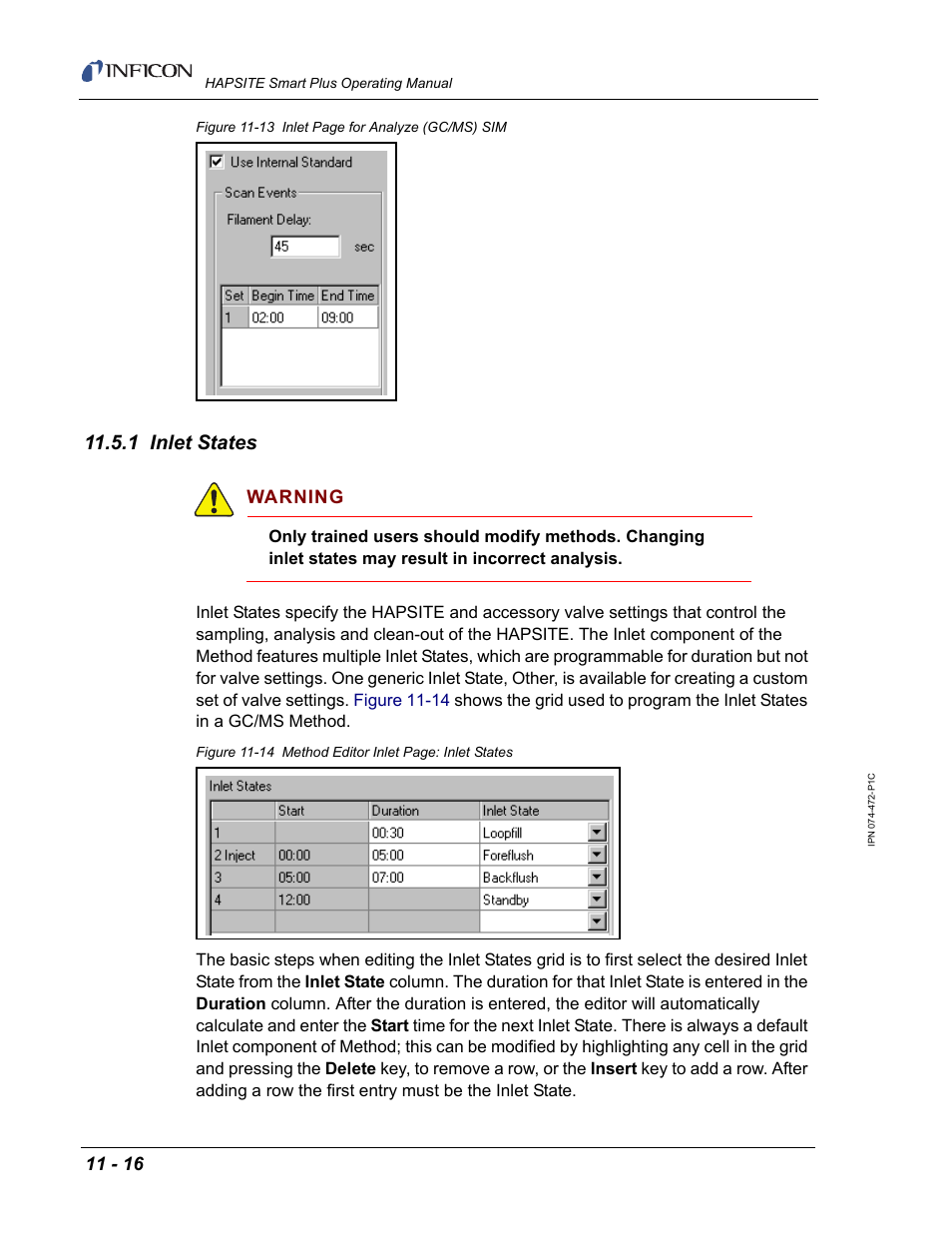 1 inlet states, Warning | INFICON HAPSITE Smart Plus Chemical Identification System User Manual | Page 376 / 586