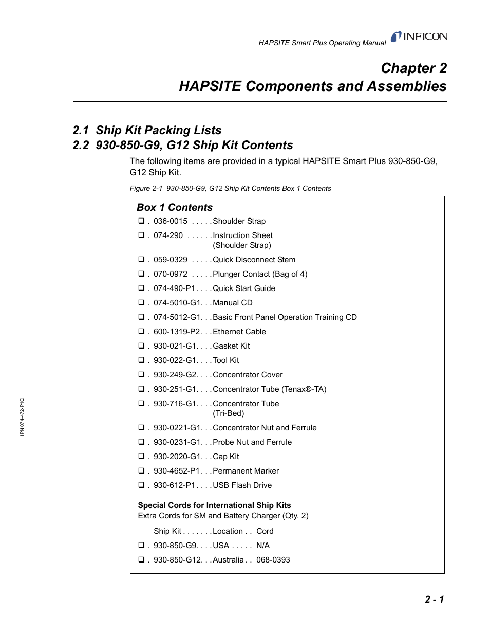 Chapter 2 hapsite components and assemblies, 1 ship kit packing lists, 2 930-850-g9, g12 ship kit contents | Chapter 2, Box 1 contents | INFICON HAPSITE Smart Plus Chemical Identification System User Manual | Page 39 / 586