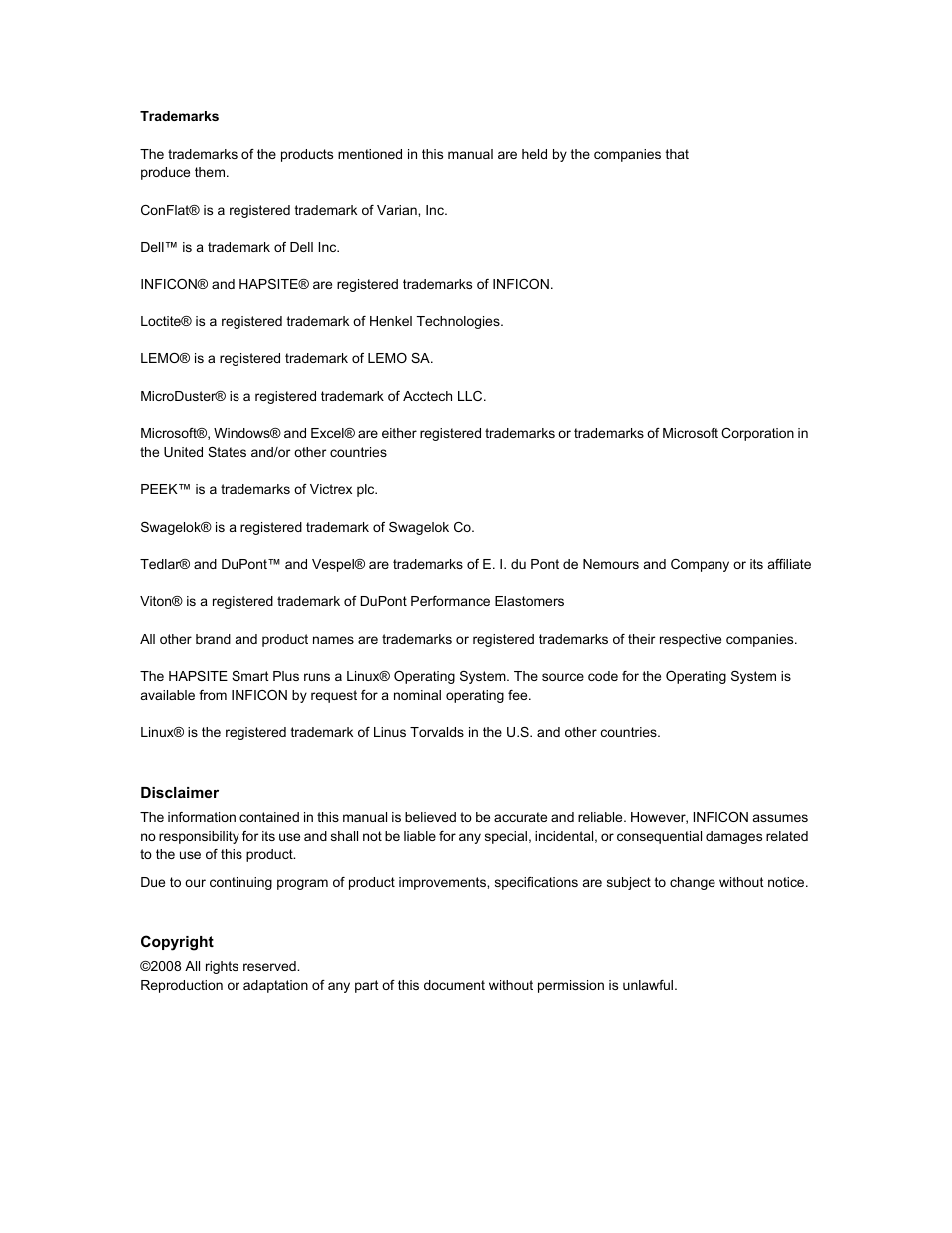 Trademarks | INFICON HAPSITE Smart Plus Chemical Identification System User Manual | Page 4 / 586