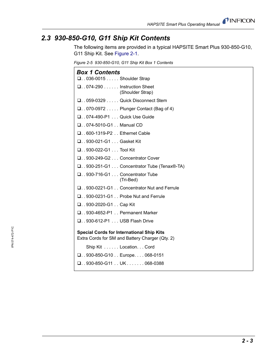 3 930-850-g10, g11 ship kit contents, Box 1 contents | INFICON HAPSITE Smart Plus Chemical Identification System User Manual | Page 41 / 586