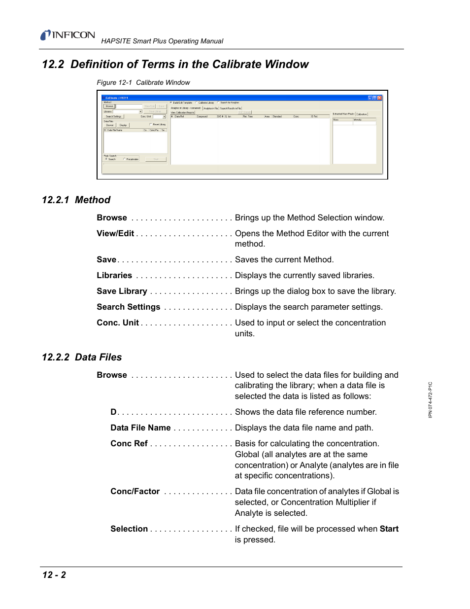 2 definition of terms in the calibrate window, 1 method, 2 data files | INFICON HAPSITE Smart Plus Chemical Identification System User Manual | Page 420 / 586