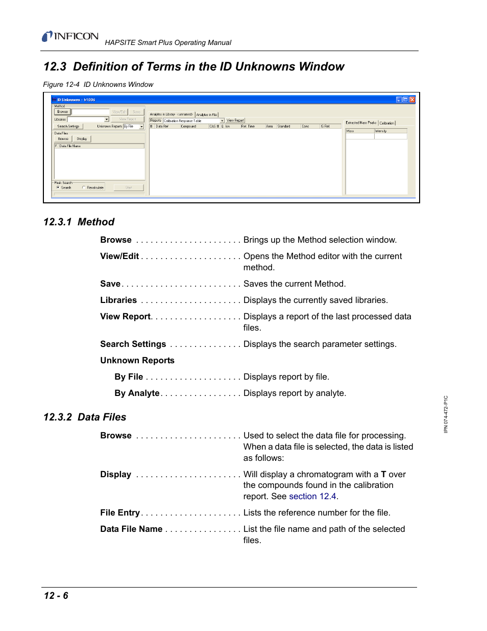 3 definition of terms in the id unknowns window, 1 method, 2 data files | INFICON HAPSITE Smart Plus Chemical Identification System User Manual | Page 424 / 586