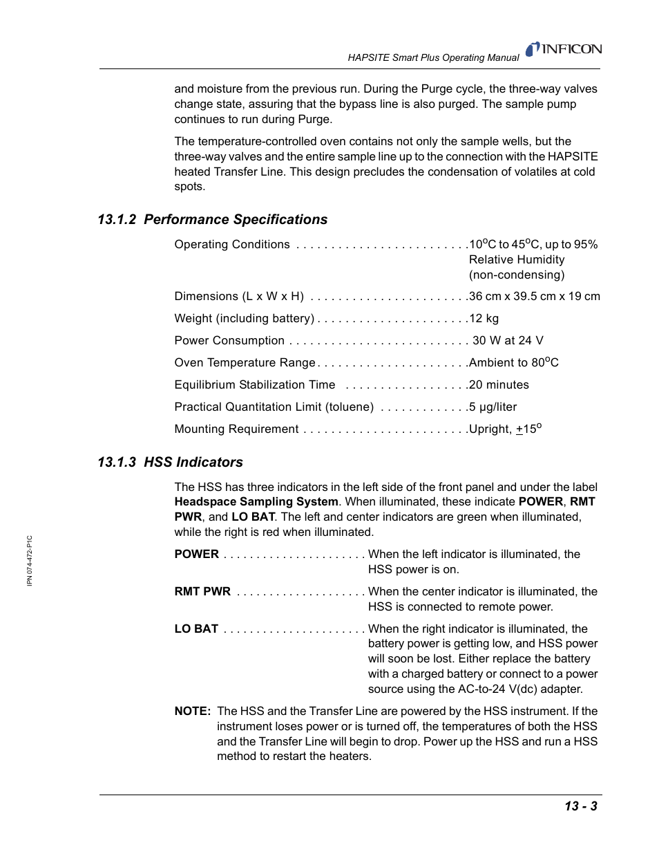 2 performance specifications, 3 hss indicators | INFICON HAPSITE Smart Plus Chemical Identification System User Manual | Page 441 / 586
