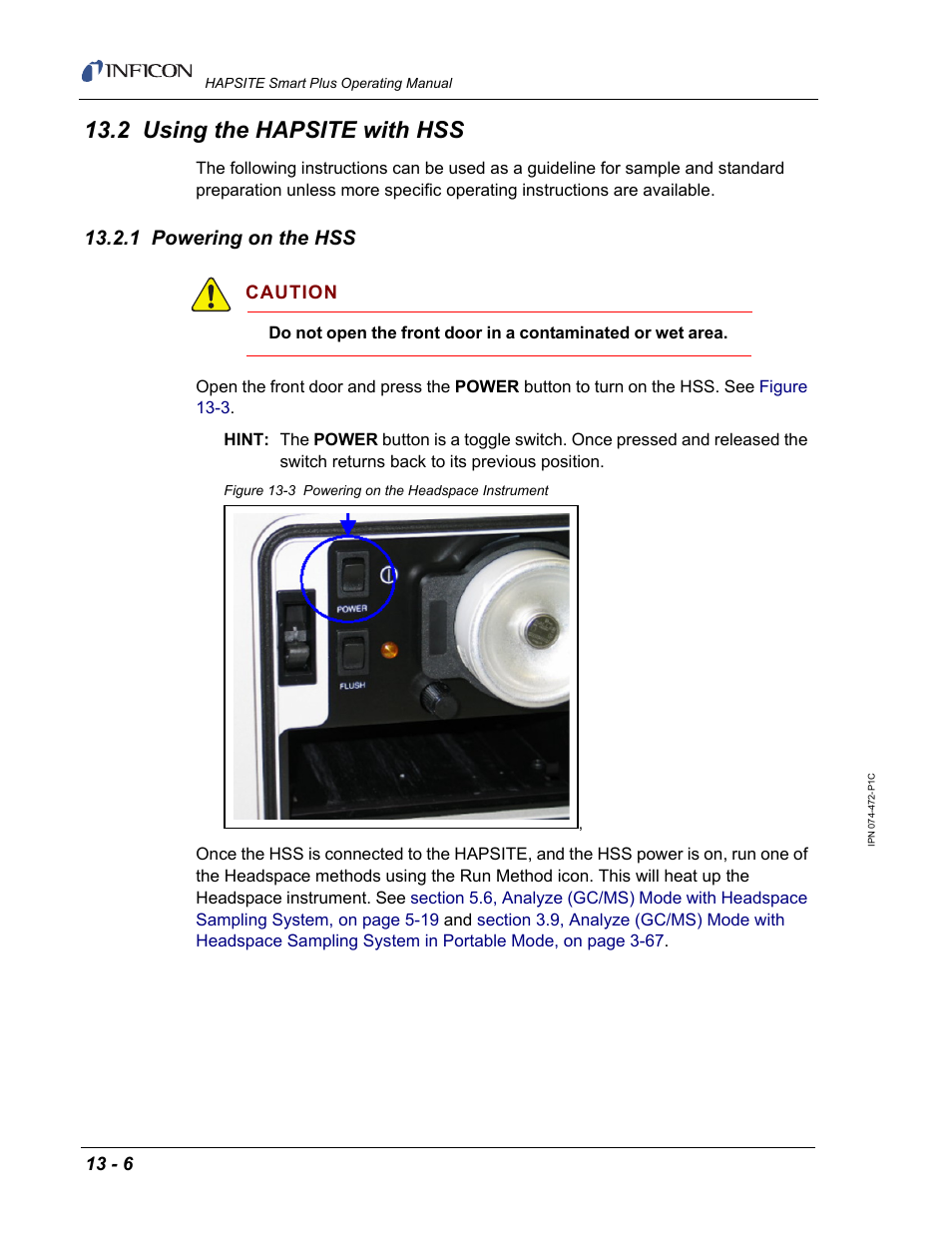 2 using the hapsite with hss, 1 powering on the hss | INFICON HAPSITE Smart Plus Chemical Identification System User Manual | Page 444 / 586