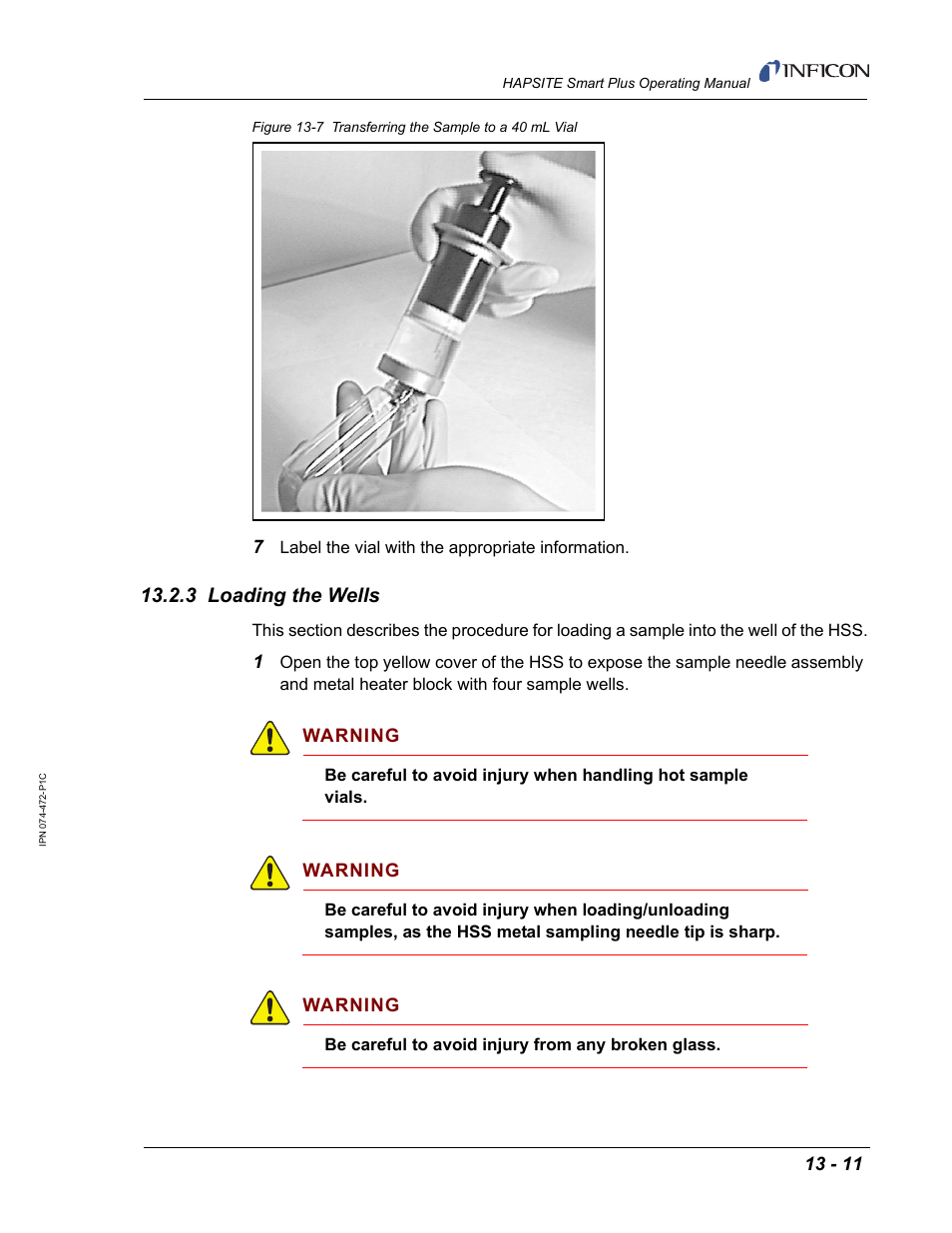 3 loading the wells, Section 13.2.3, loading | INFICON HAPSITE Smart Plus Chemical Identification System User Manual | Page 449 / 586