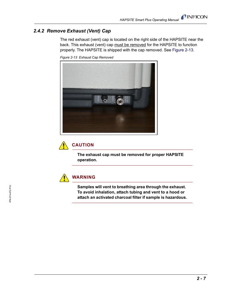 2 remove exhaust (vent) cap, Caution, Warning | INFICON HAPSITE Smart Plus Chemical Identification System User Manual | Page 45 / 586