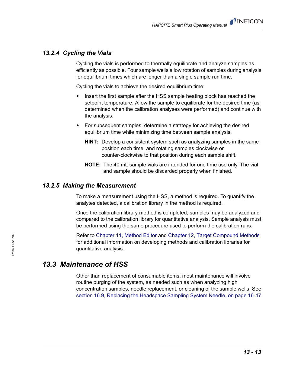 4 cycling the vials, 5 making the measurement, 3 maintenance of hss | INFICON HAPSITE Smart Plus Chemical Identification System User Manual | Page 451 / 586