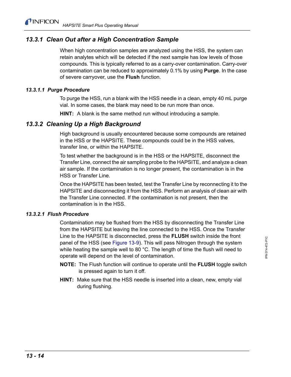 1 clean out after a high concentration sample, 1 purge procedure, 2 cleaning up a high background | 1 flush procedure | INFICON HAPSITE Smart Plus Chemical Identification System User Manual | Page 452 / 586