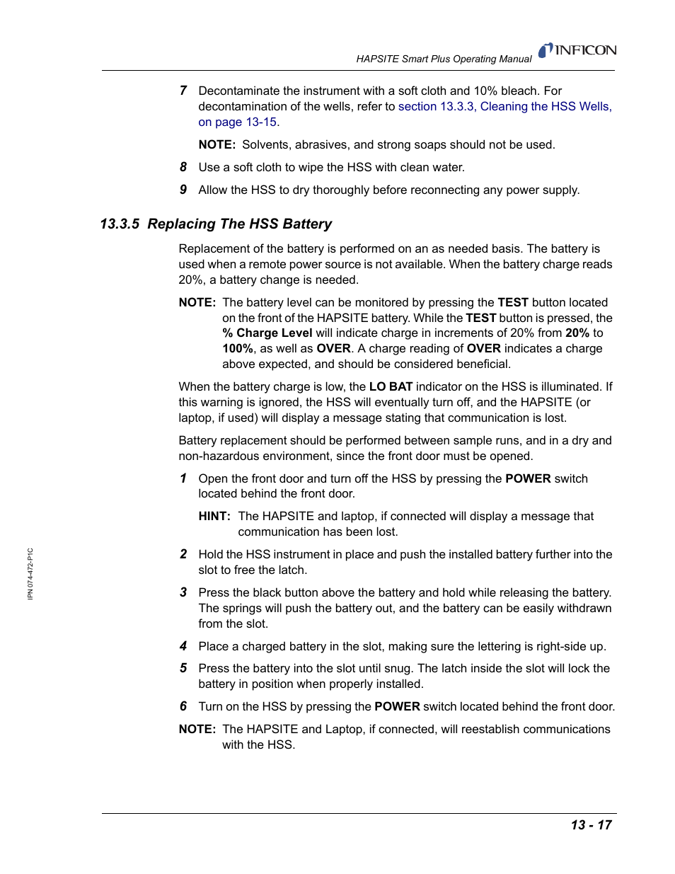 5 replacing the hss battery | INFICON HAPSITE Smart Plus Chemical Identification System User Manual | Page 455 / 586