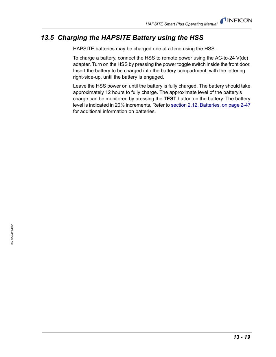 5 charging the hapsite battery using the hss | INFICON HAPSITE Smart Plus Chemical Identification System User Manual | Page 457 / 586