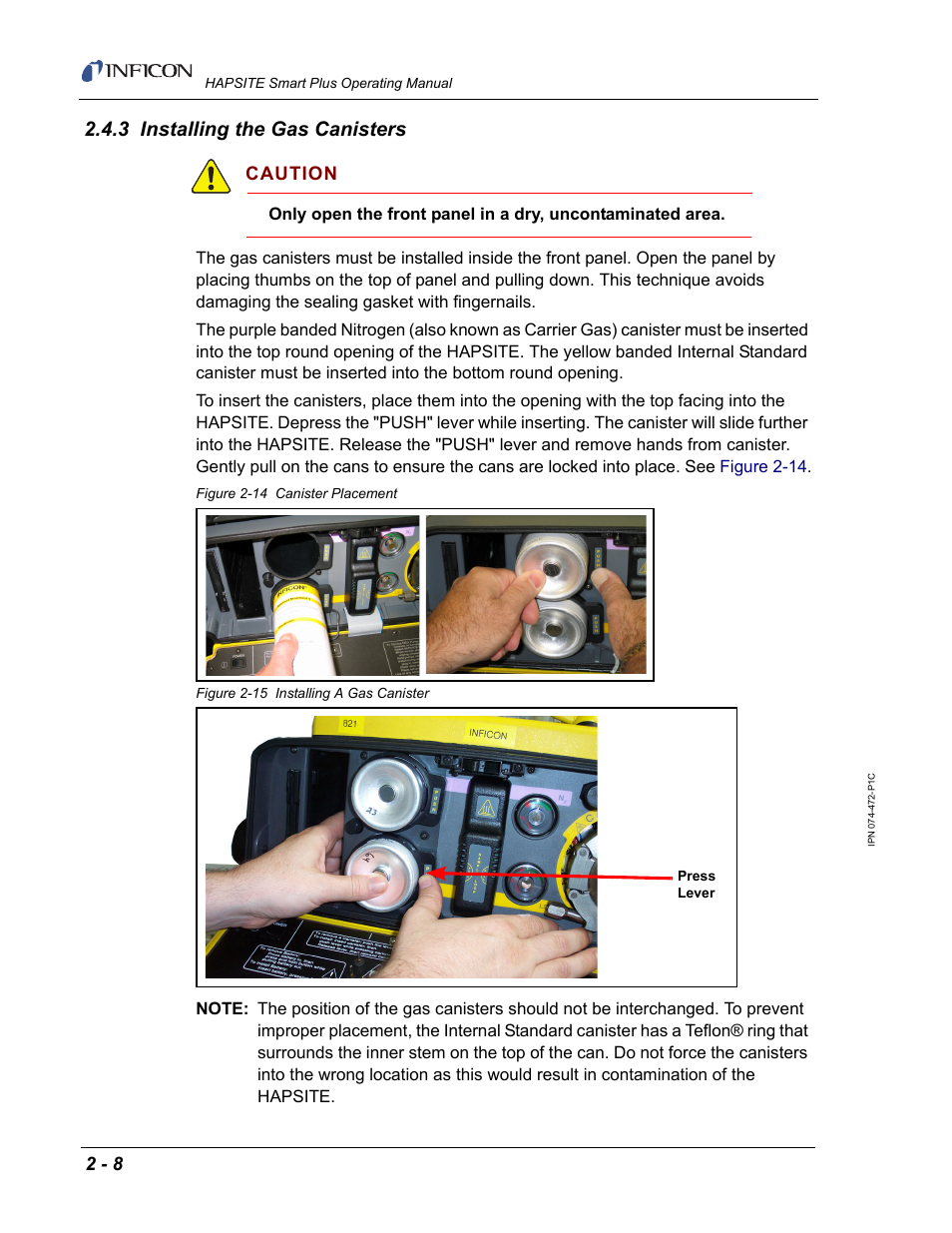 3 installing the gas canisters, Caution | INFICON HAPSITE Smart Plus Chemical Identification System User Manual | Page 46 / 586