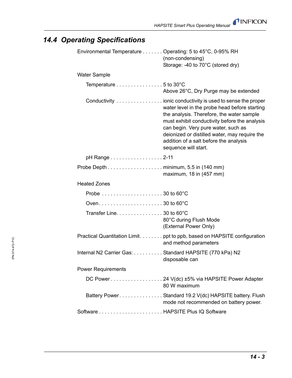 4 operating specifications | INFICON HAPSITE Smart Plus Chemical Identification System User Manual | Page 461 / 586