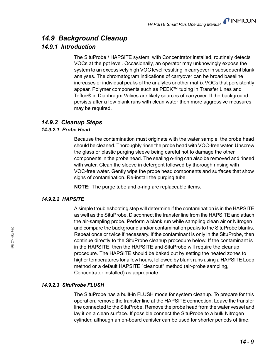 9 background cleanup, 1 introduction, 2 cleanup steps | 1 probe head, 2 hapsite, 3 situprobe flush | INFICON HAPSITE Smart Plus Chemical Identification System User Manual | Page 467 / 586