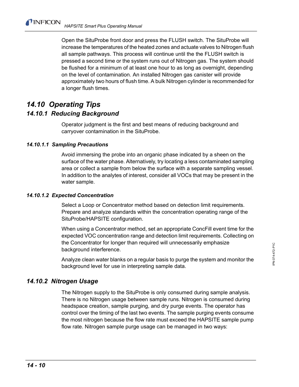10 operating tips, 1 reducing background, 1 sampling precautions | 2 expected concentration, 2 nitrogen usage | INFICON HAPSITE Smart Plus Chemical Identification System User Manual | Page 468 / 586
