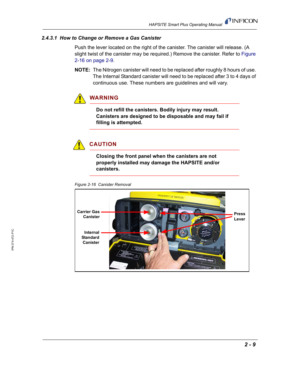 1 how to change or remove a gas canister, Warning, Caution | INFICON HAPSITE Smart Plus Chemical Identification System User Manual | Page 47 / 586