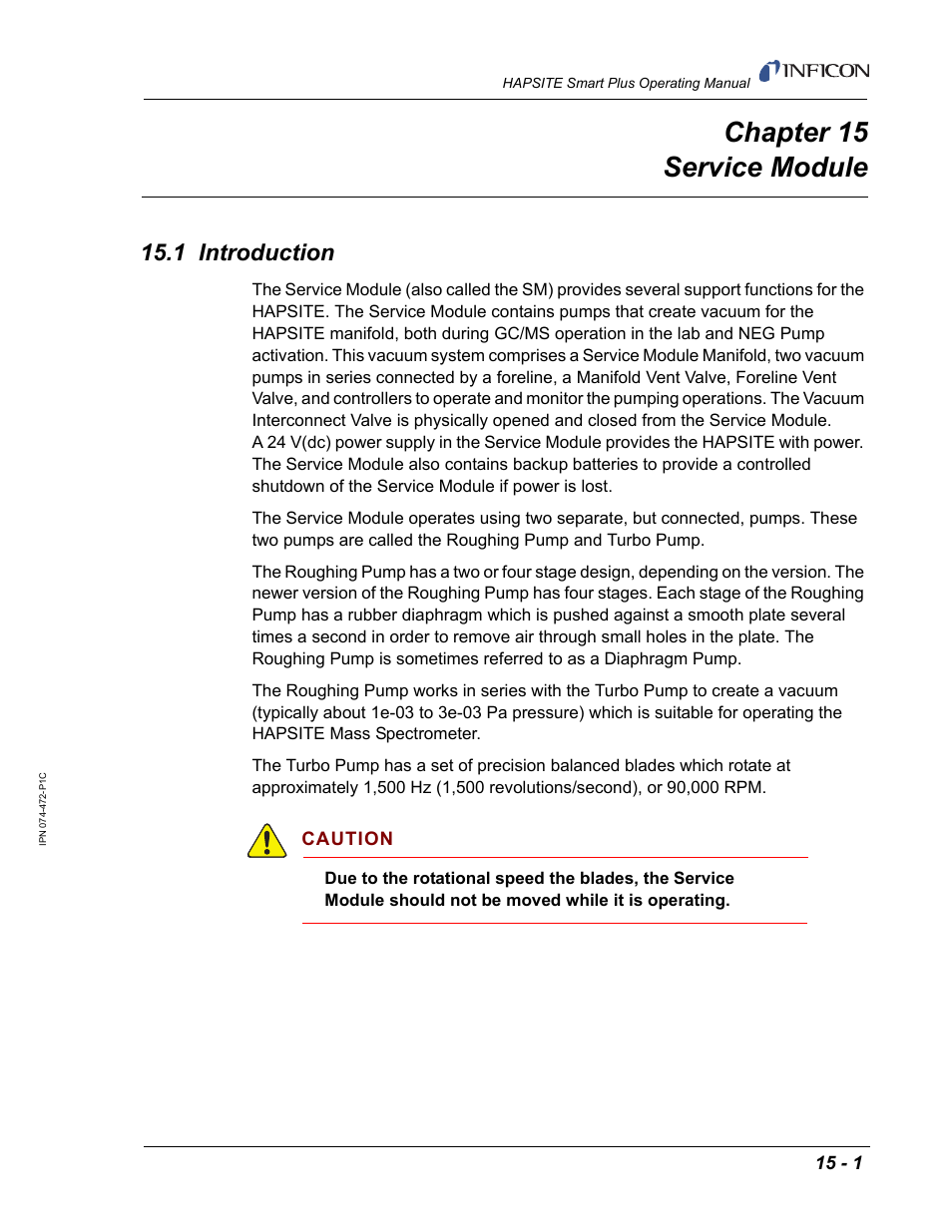 Chapter 15 service module, 1 introduction, Chapter 15 | Chapter 15, service, Module, Chapter 15, service module, For ad | INFICON HAPSITE Smart Plus Chemical Identification System User Manual | Page 475 / 586