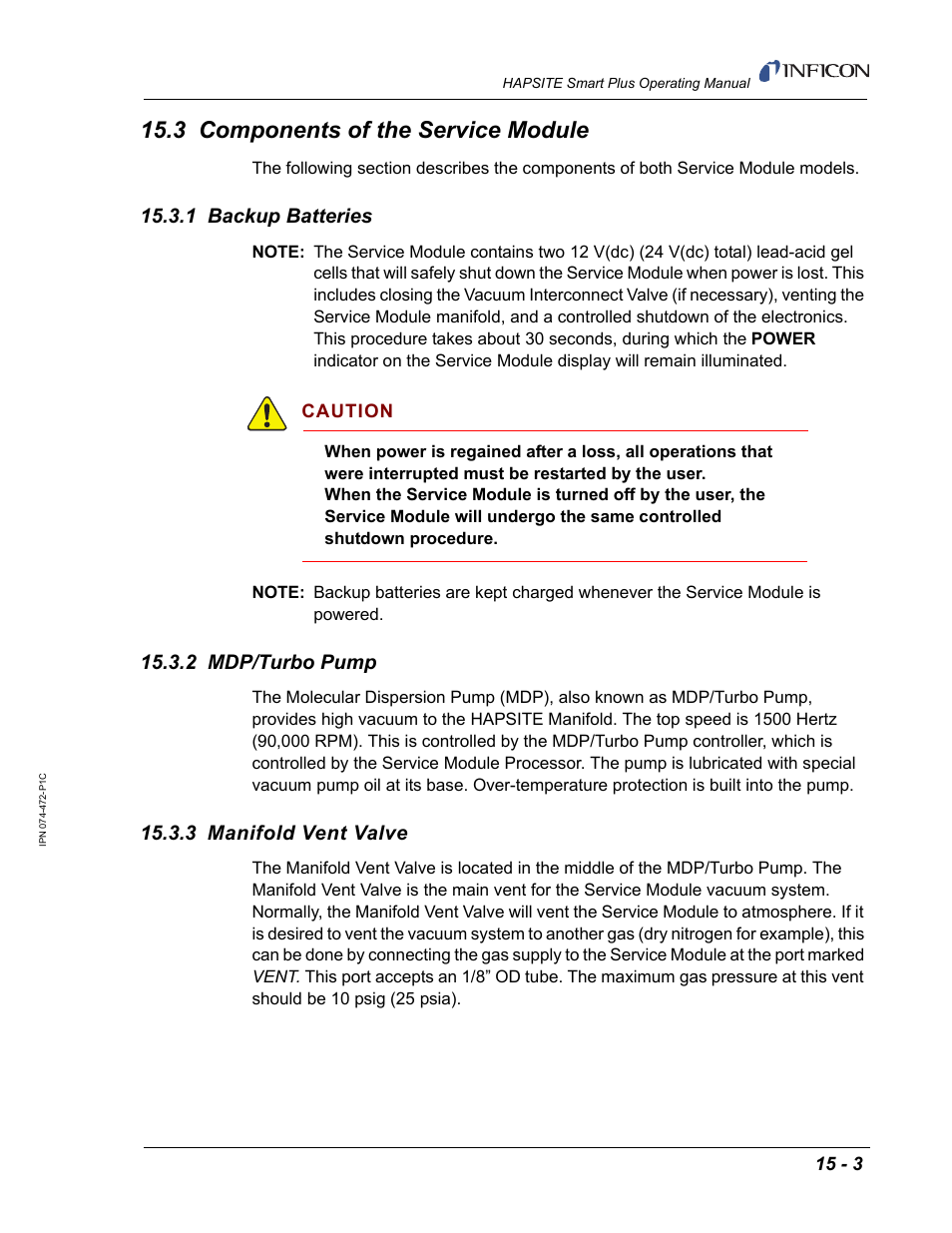 3 components of the service module, 1 backup batteries, 2 mdp/turbo pump | 3 manifold vent valve | INFICON HAPSITE Smart Plus Chemical Identification System User Manual | Page 477 / 586
