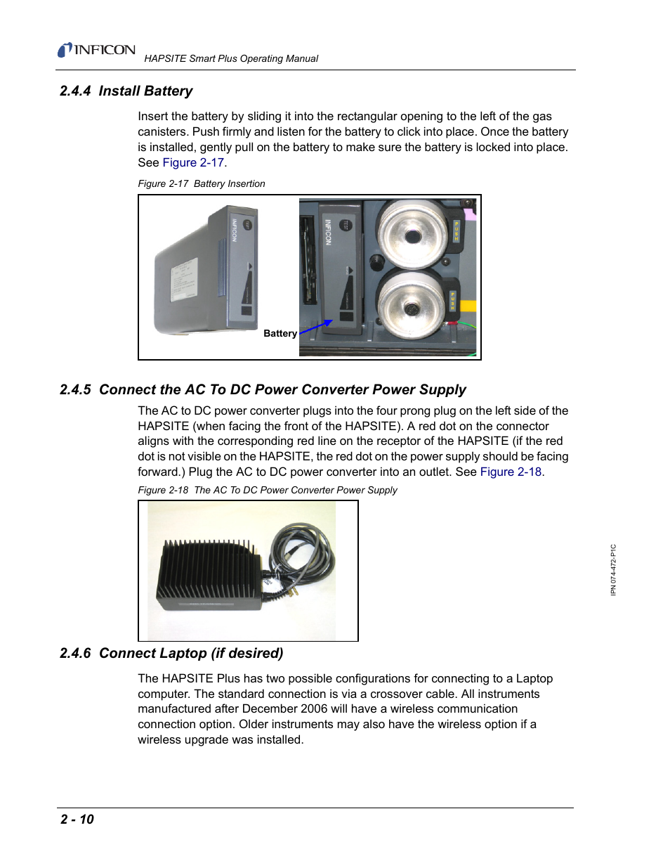 4 install battery, 6 connect laptop (if desired) | INFICON HAPSITE Smart Plus Chemical Identification System User Manual | Page 48 / 586