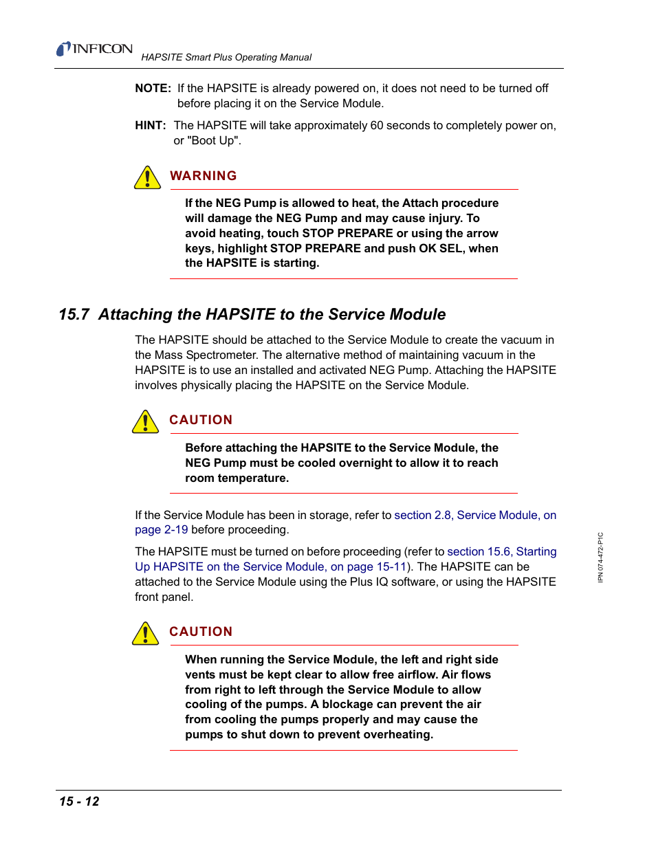 7 attaching the hapsite to the service module | INFICON HAPSITE Smart Plus Chemical Identification System User Manual | Page 486 / 586