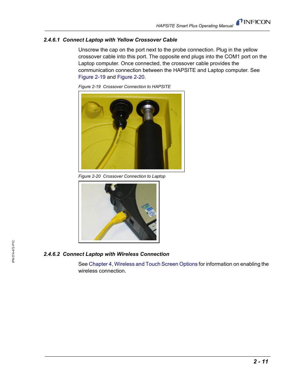 1 connect laptop with yellow crossover cable, 2 connect laptop with wireless connection | INFICON HAPSITE Smart Plus Chemical Identification System User Manual | Page 49 / 586
