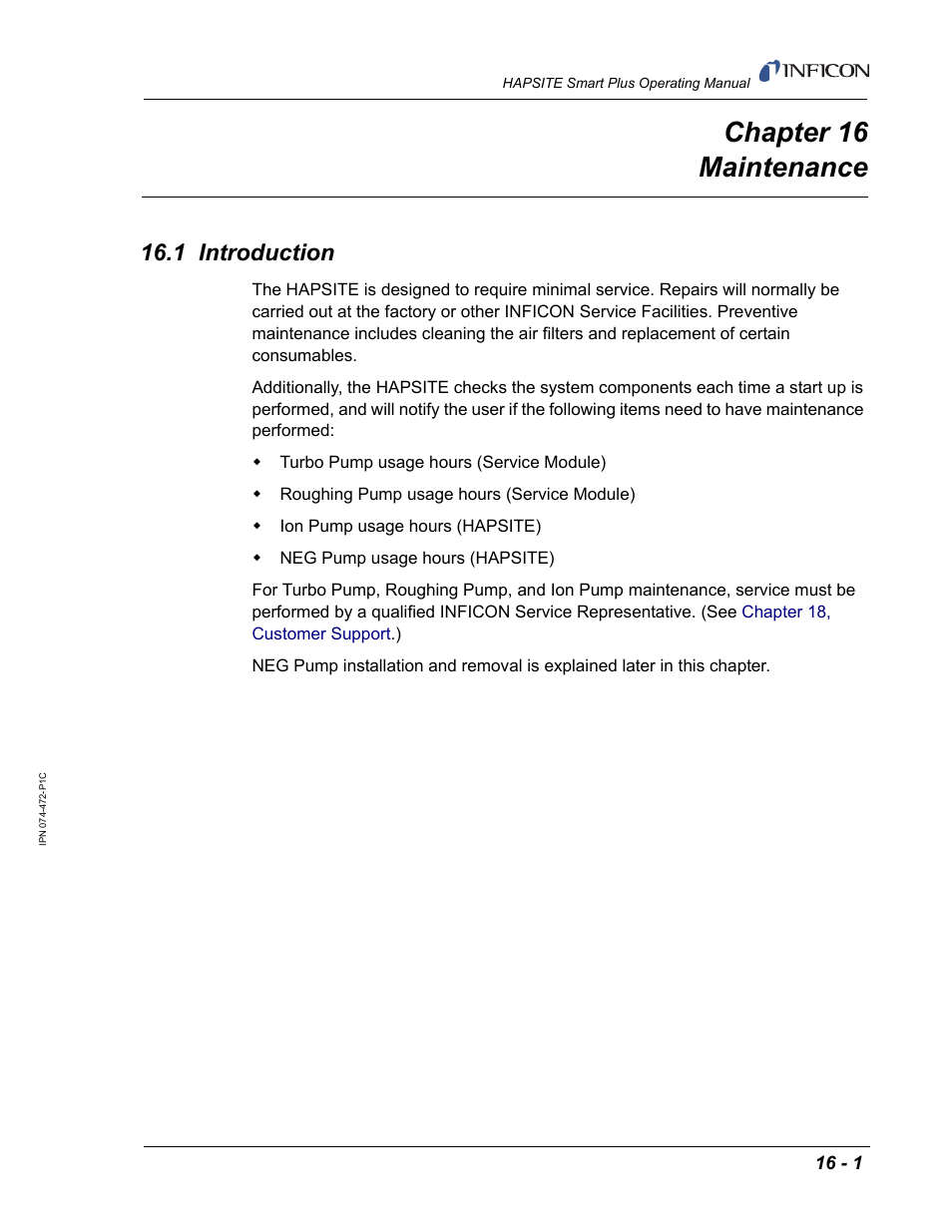 Chapter 16 maintenance, 1 introduction, Chapter 16 | Chapter 16, maintenance | INFICON HAPSITE Smart Plus Chemical Identification System User Manual | Page 499 / 586