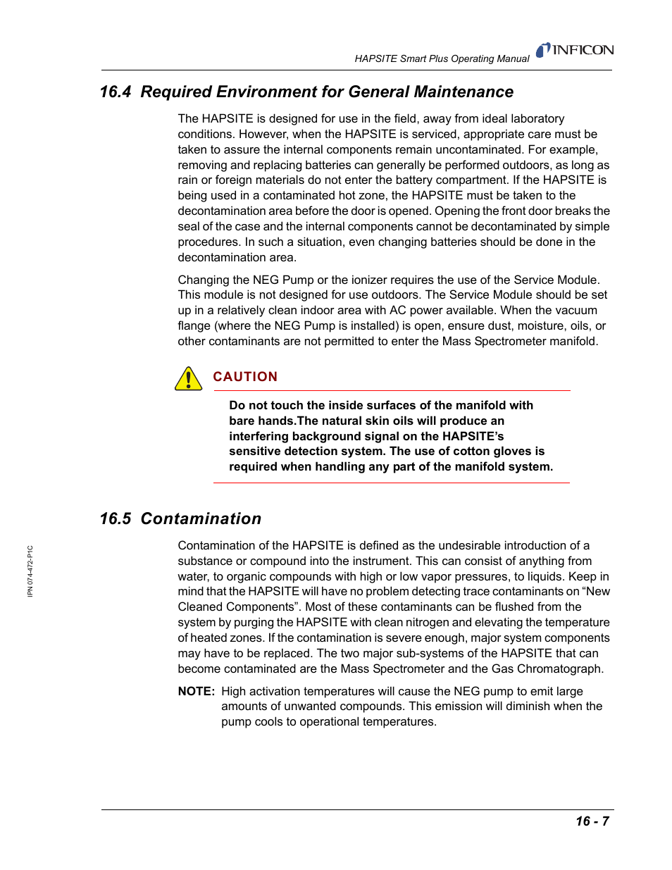 4 required environment for general maintenance, 5 contamination, 21a. see | Section 16.5, Caution | INFICON HAPSITE Smart Plus Chemical Identification System User Manual | Page 505 / 586