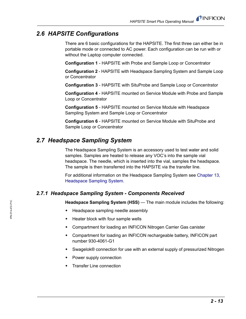 6 hapsite configurations, 7 headspace sampling system, 1 headspace sampling system - components received | INFICON HAPSITE Smart Plus Chemical Identification System User Manual | Page 51 / 586