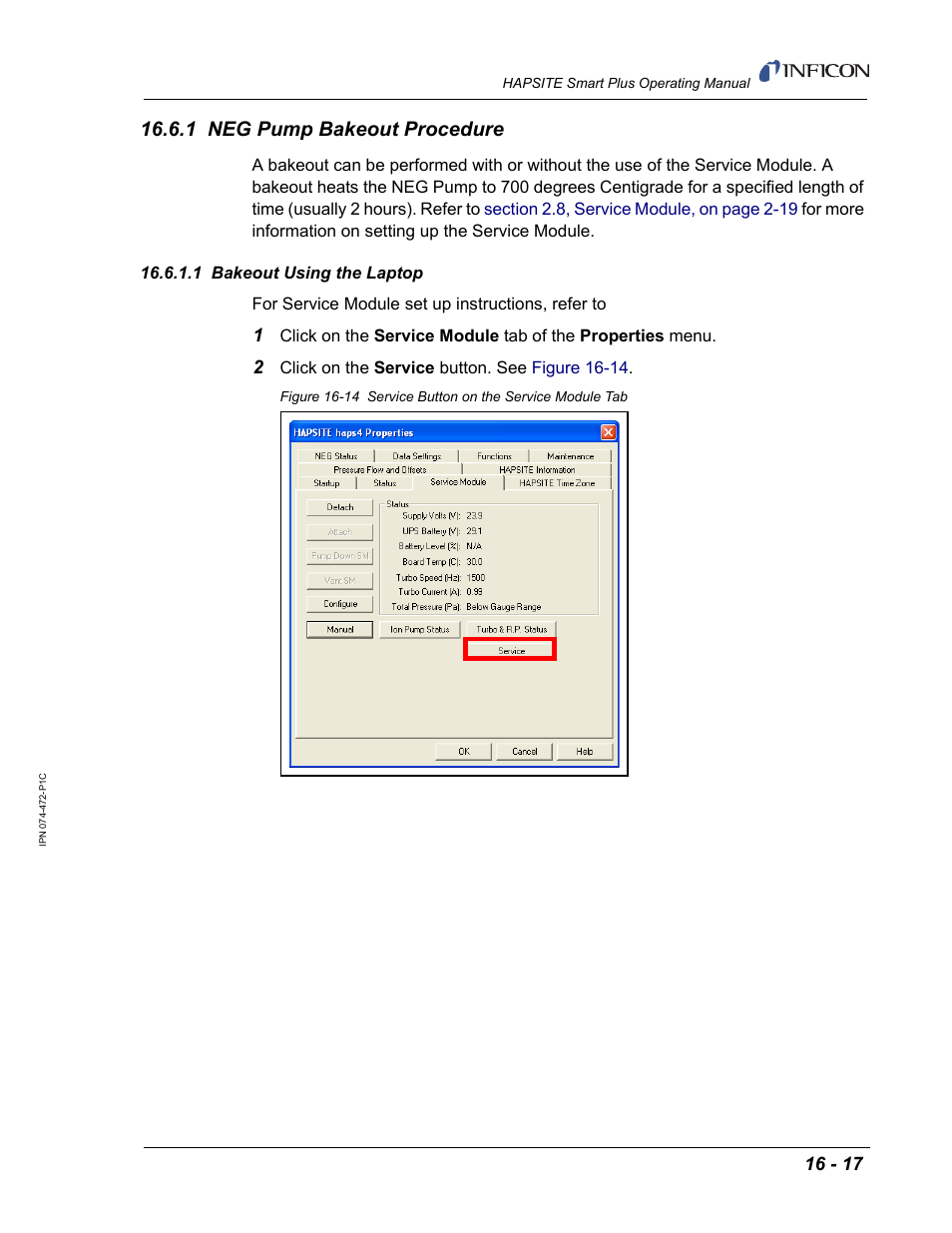 1 neg pump bakeout procedure, 1 bakeout using the laptop | INFICON HAPSITE Smart Plus Chemical Identification System User Manual | Page 515 / 586