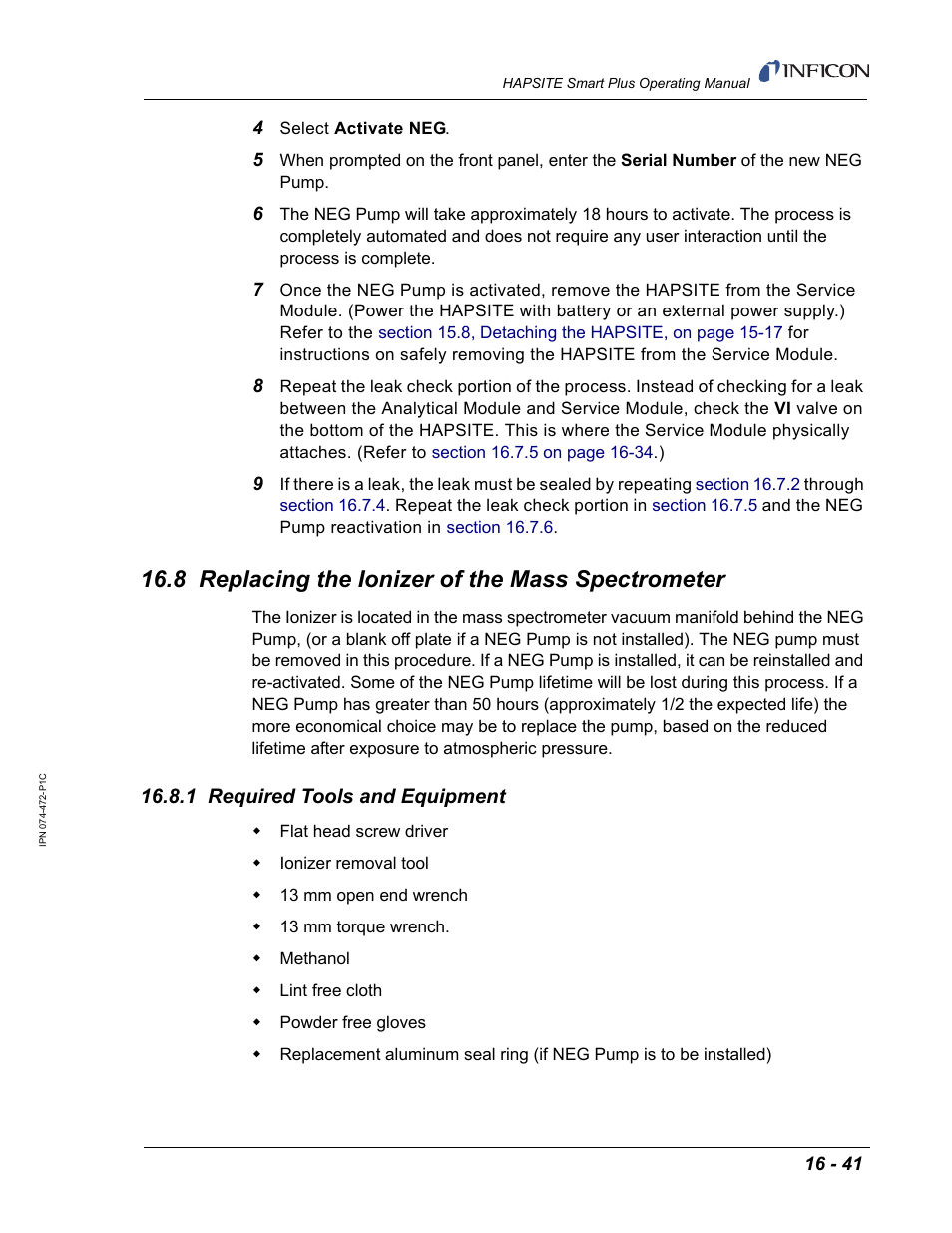 8 replacing the ionizer of the mass spectrometer, 1 required tools and equipment, Section 16.8, replacing the | INFICON HAPSITE Smart Plus Chemical Identification System User Manual | Page 539 / 586