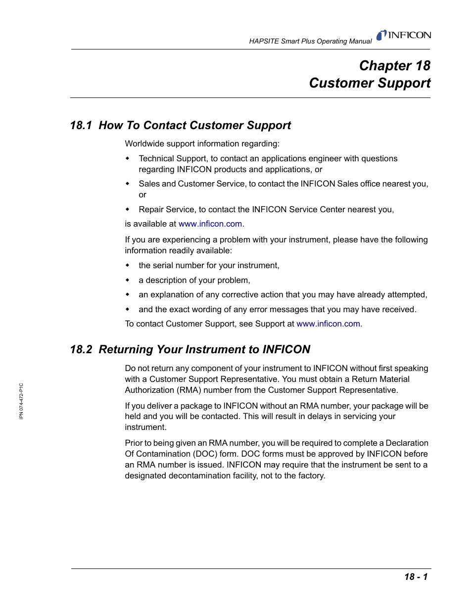 Chapter 18 customer support, 1 how to contact customer support, 2 returning your instrument to inficon | Chapter 18, Ative. (see, Customer support, Chapter, Rt. see, Chapter 18, customer support | INFICON HAPSITE Smart Plus Chemical Identification System User Manual | Page 561 / 586
