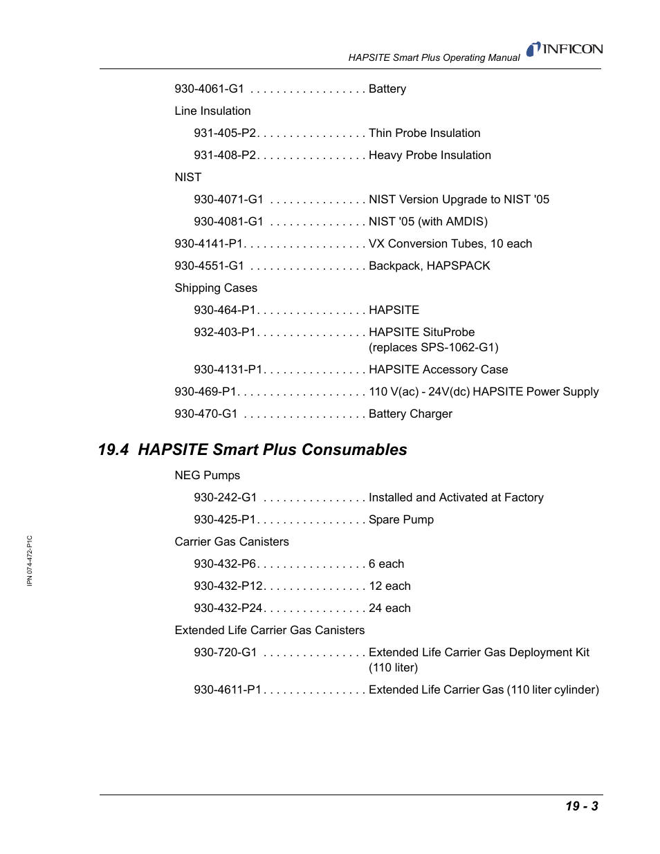 4 hapsite smart plus consumables | INFICON HAPSITE Smart Plus Chemical Identification System User Manual | Page 565 / 586