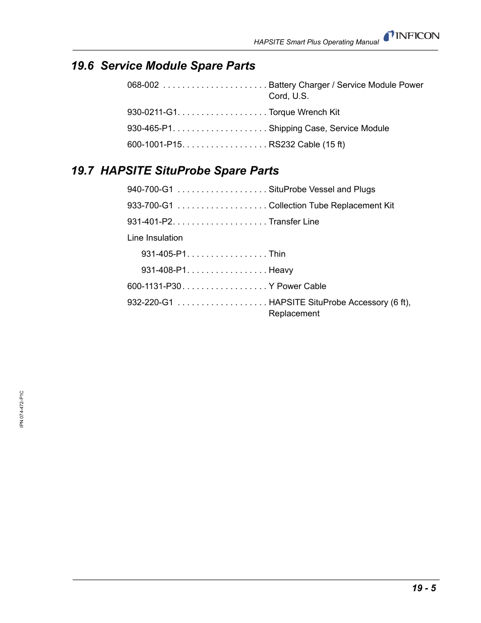6 service module spare parts, 7 hapsite situprobe spare parts | INFICON HAPSITE Smart Plus Chemical Identification System User Manual | Page 567 / 586