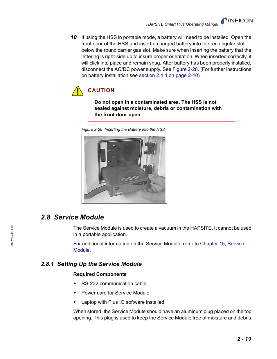 8 service module, 1 setting up the service module | INFICON HAPSITE Smart Plus Chemical Identification System User Manual | Page 57 / 586